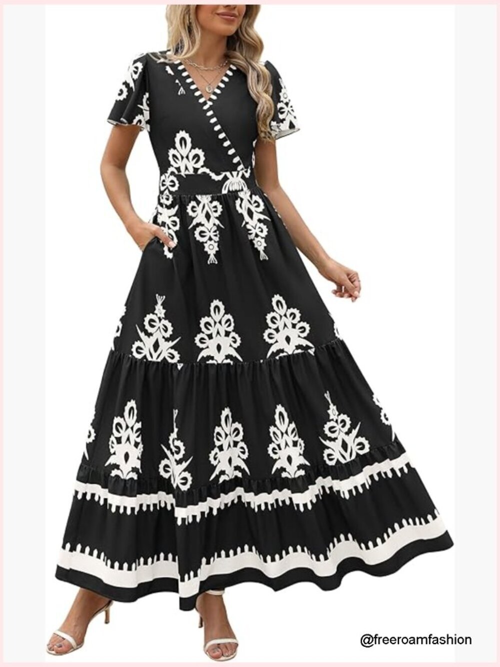 V-Neck Maxi Dress with Bell Sleeves, Pockets, Flowy A-Line Tiered Boho